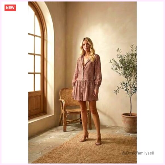 Long Sleeve Gingham Mini Dress with Ruffles and Bishop Sleeves - Picture 2 of 7